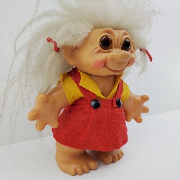 Troll Doll Thomas Dam Denmark Smiling Felt Dress Hair Bows Vintage Approx 8" - Picture 11 of 12
